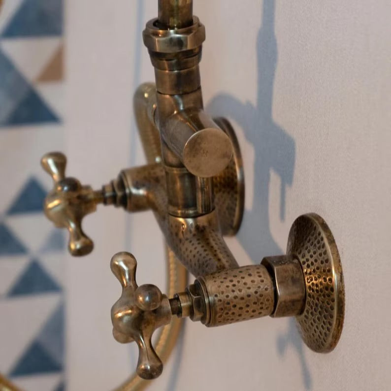 Oil-Rubbed Brass Shower System – Vintage Exposed Pipe Shower Set with Rain Head & Handheld Sprayer | Antique Brass Bathroom Fixture