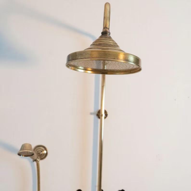 Oil-Rubbed Brass Shower System – Vintage Exposed Pipe Shower Set with Rain Head & Handheld Sprayer | Antique Brass Bathroom Fixture